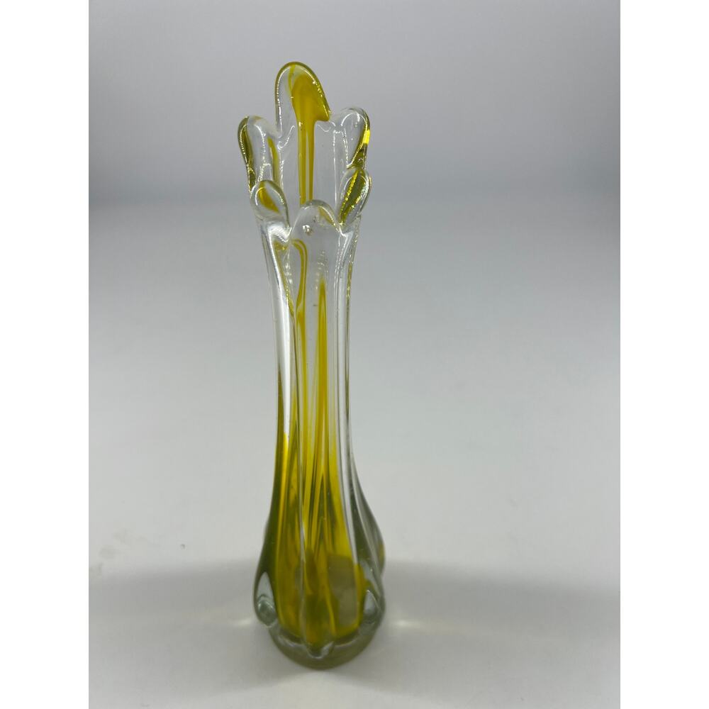 Hand Blown Swung Finger Vase Yellow Clear Glass MCM Art